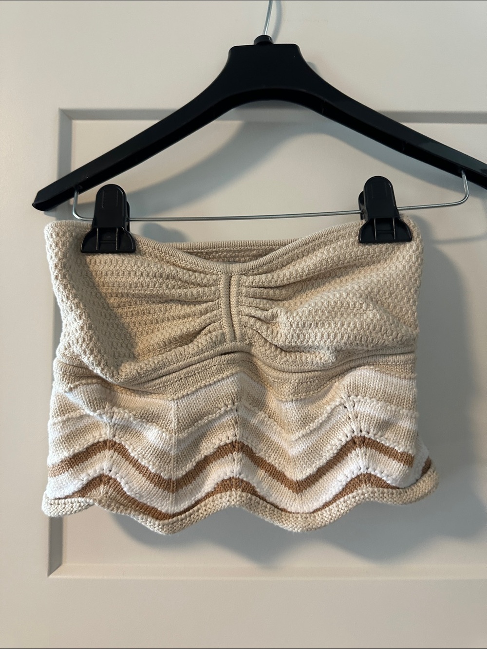 American Eagle Outfitters Cream and Brown Crochet Knit Strapless Crop Top